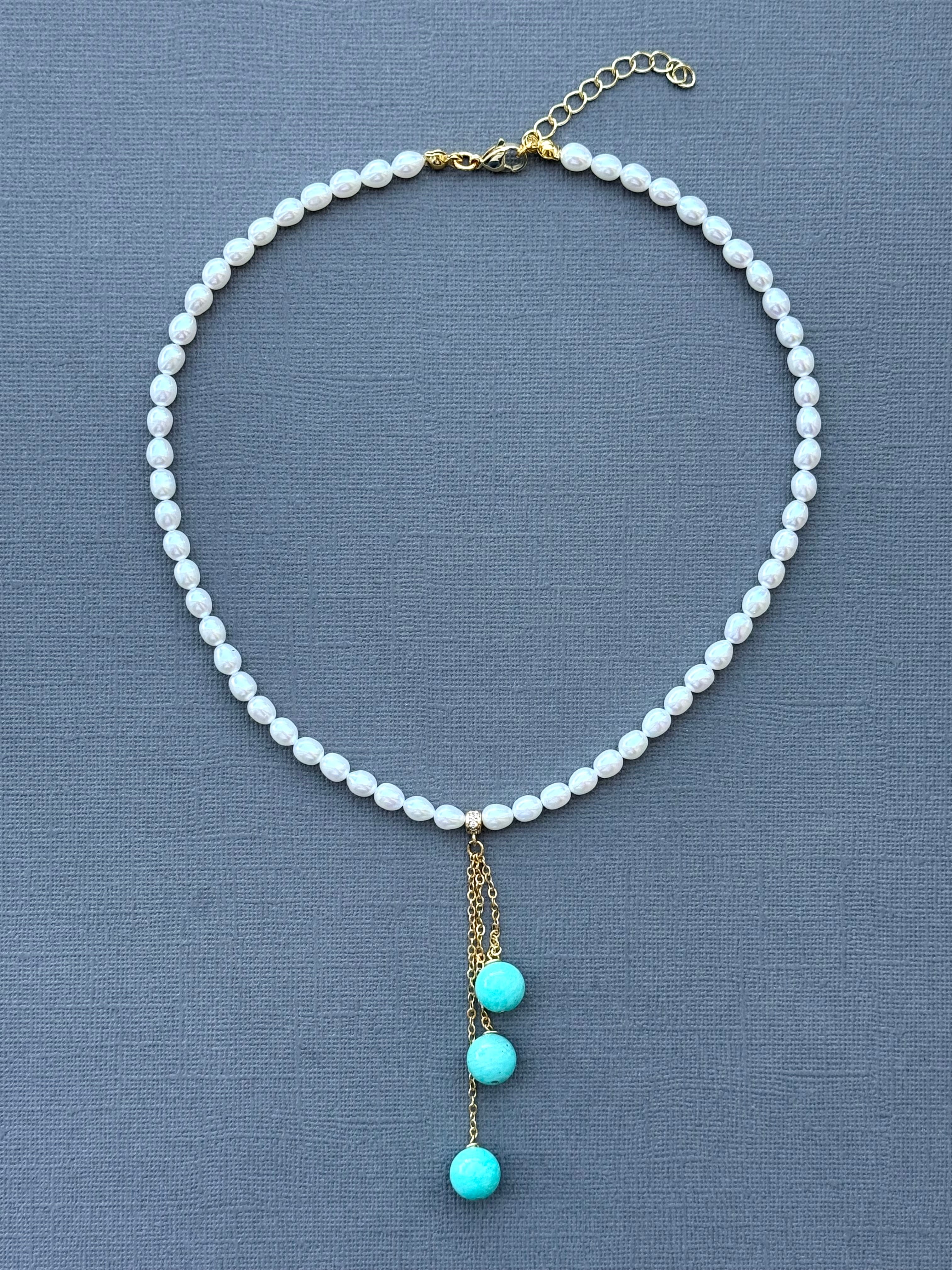 Pearl Necklace with Three Amazonite Drops