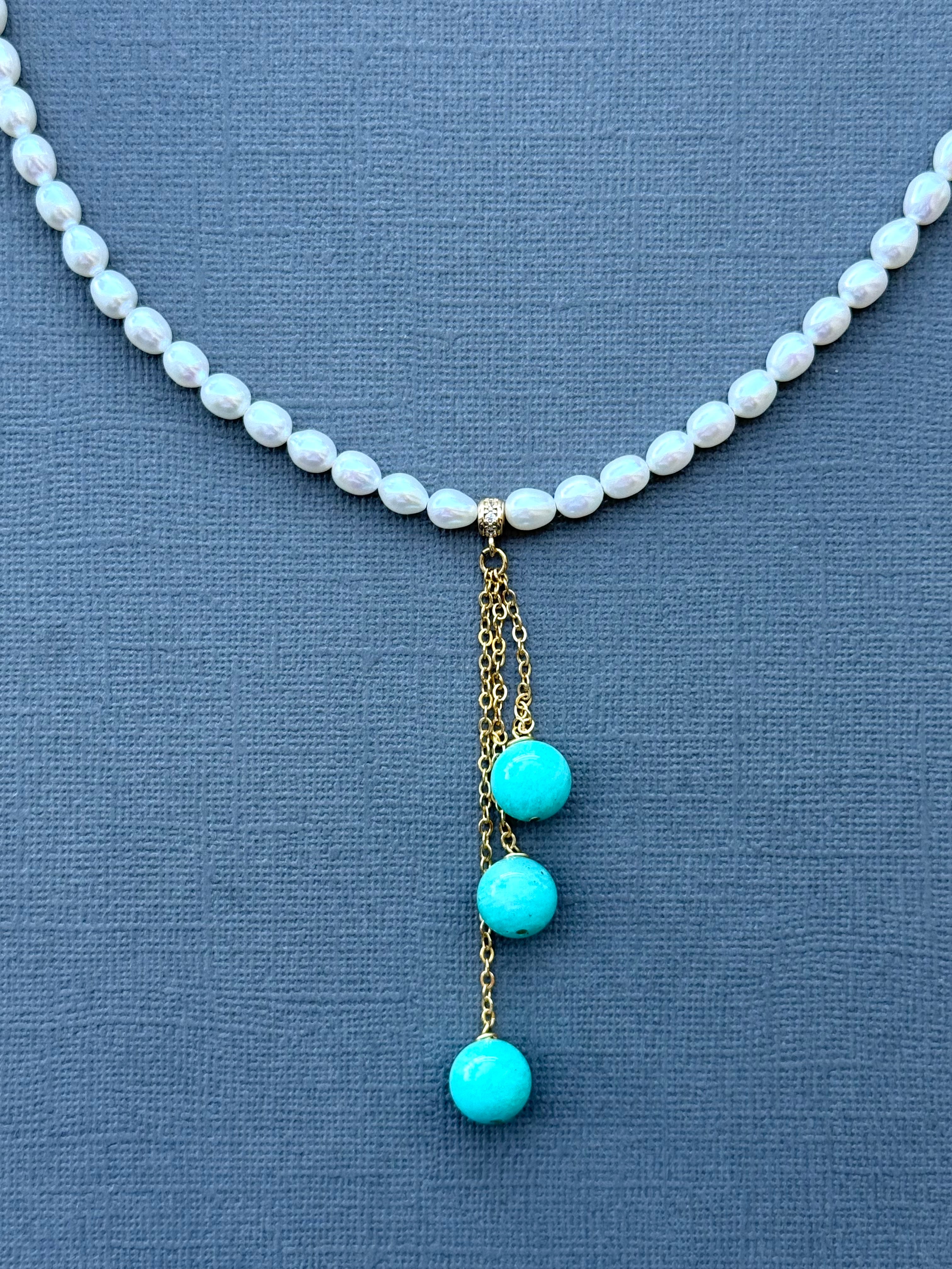 Pearl Necklace with Three Amazonite Drops