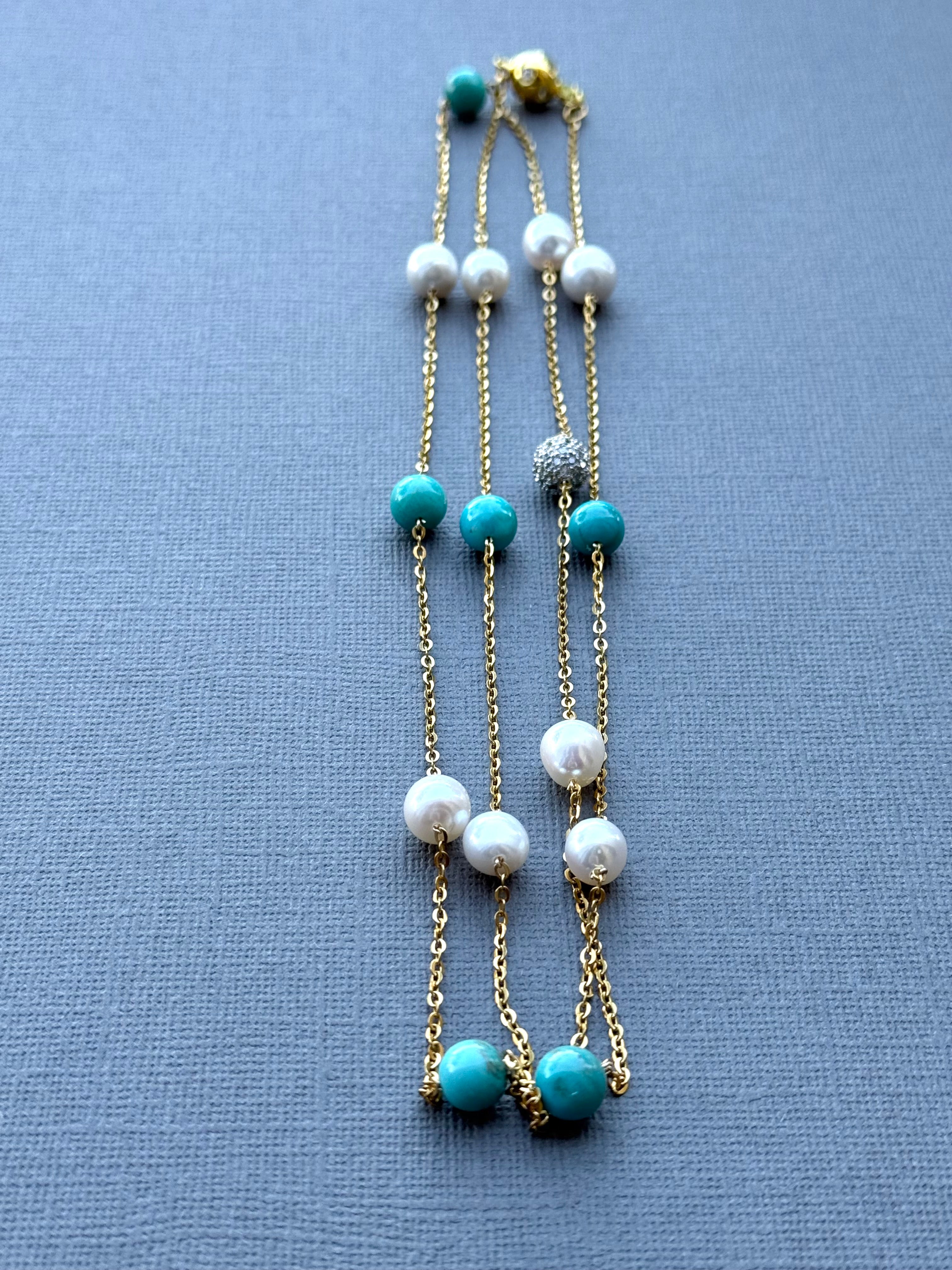 Turquoise and Pearl Station Necklace