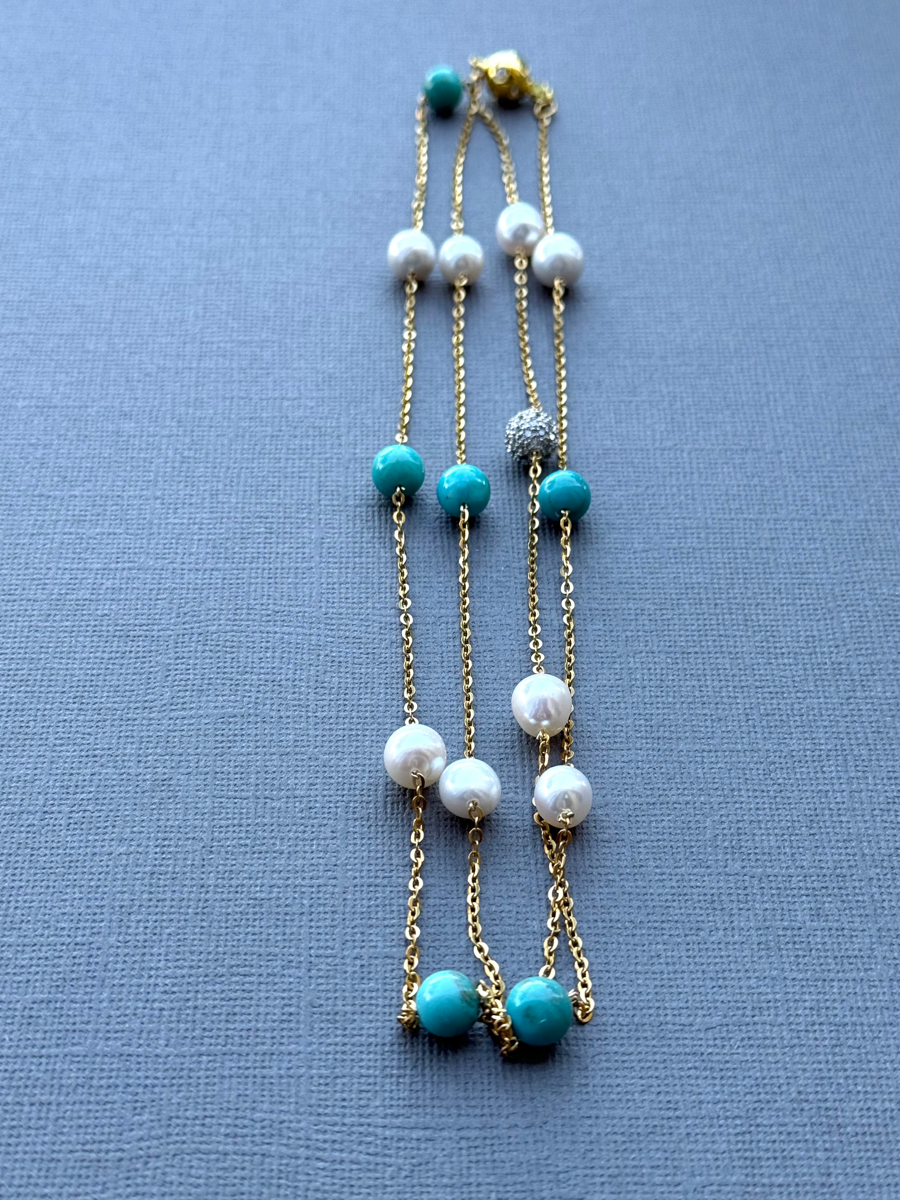 Turquoise and Pearl Station Necklace