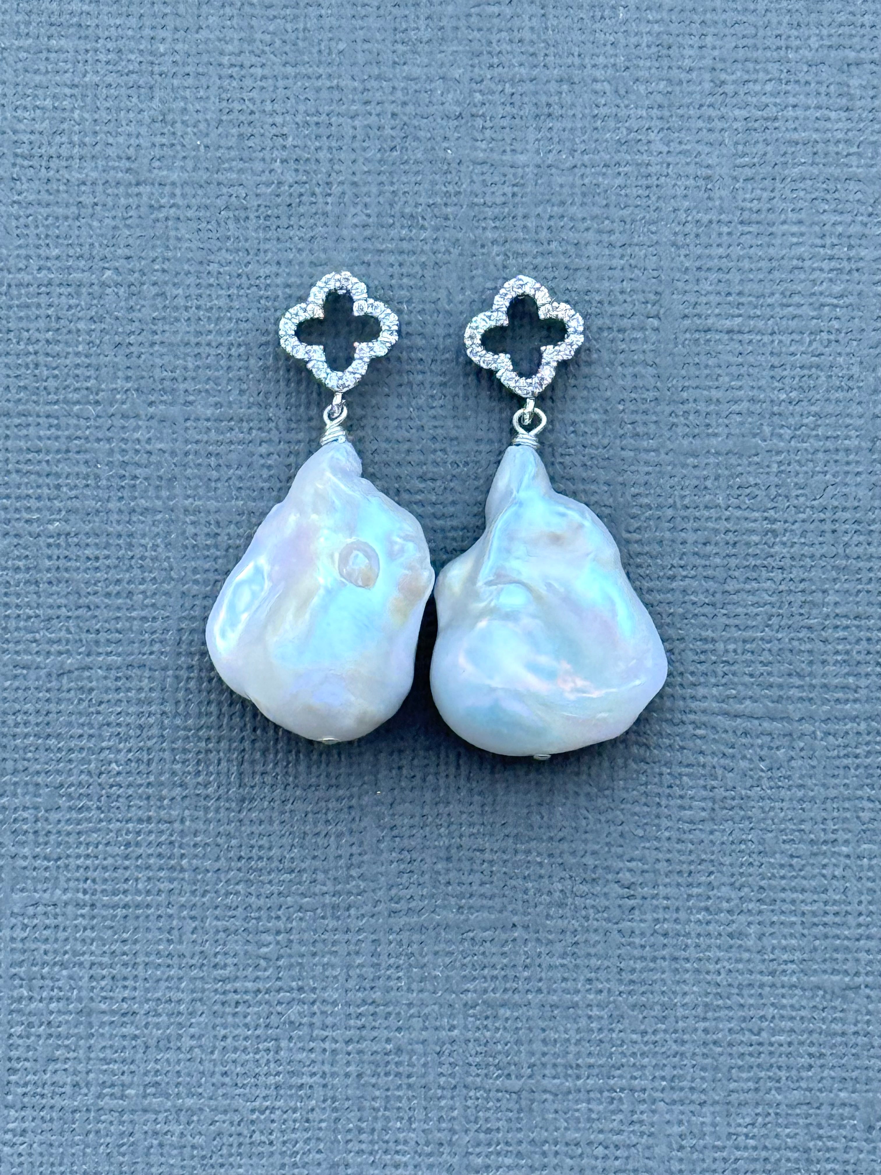 Silver Clover Baroque Pearl Earrings
