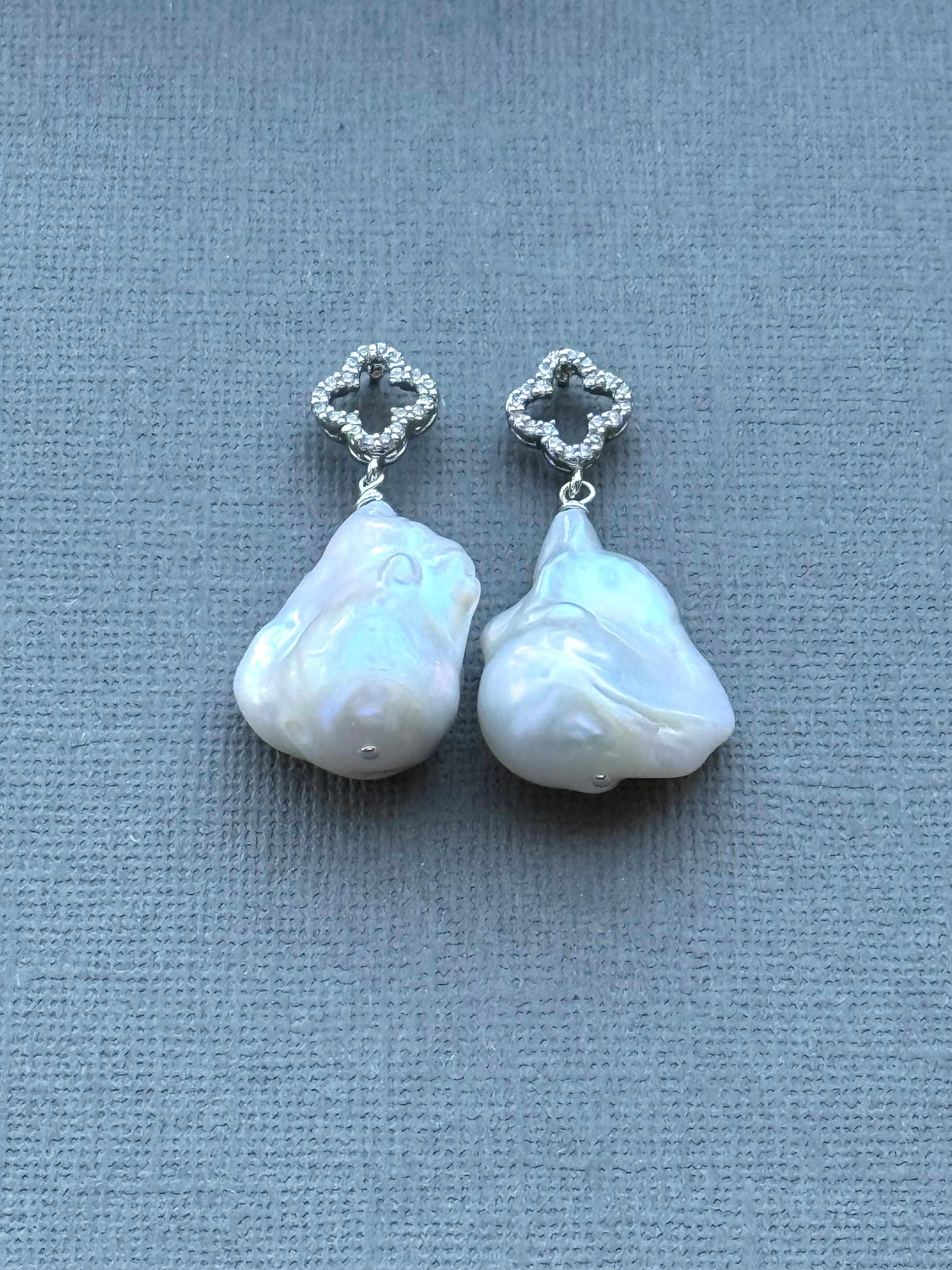 Silver Clover Baroque Pearl Earrings