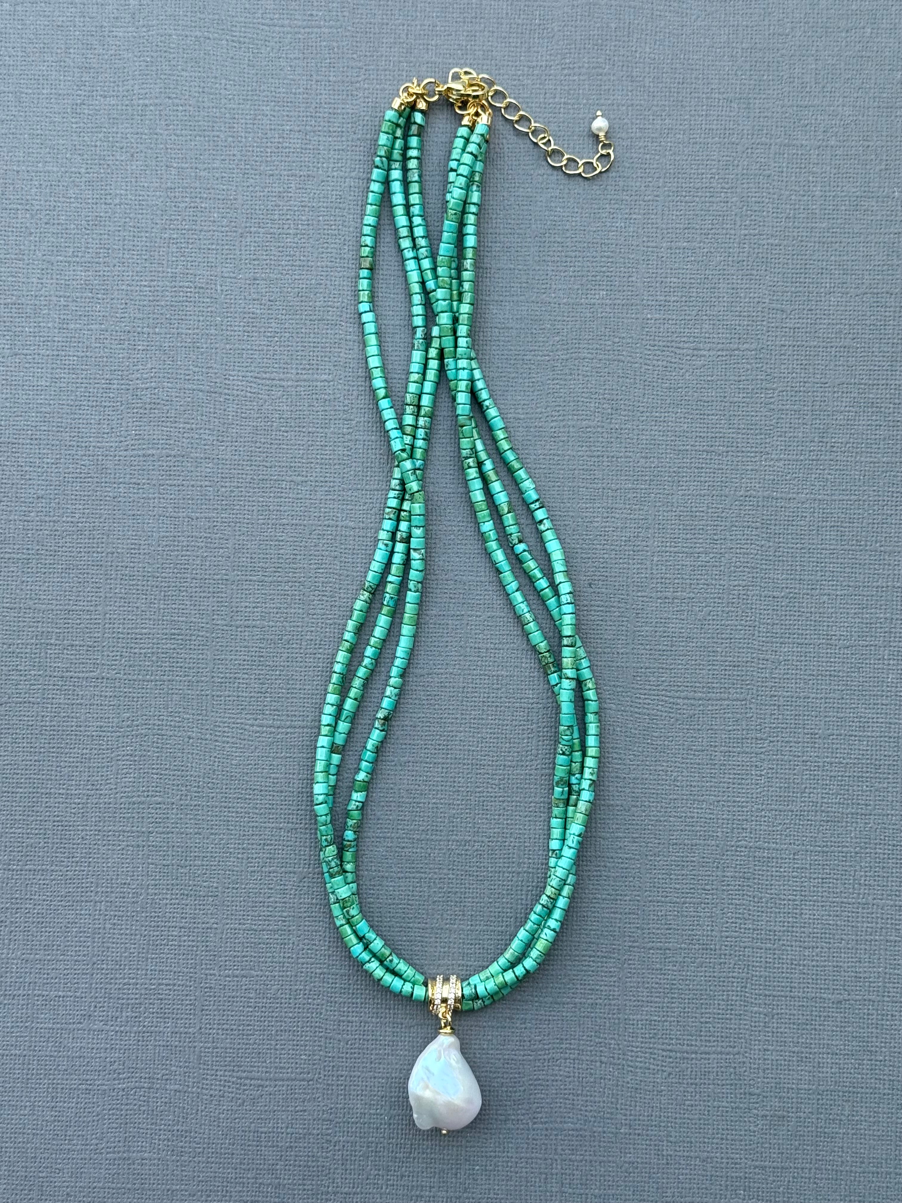Multi-Strand Turquoise and Baroque Drop Necklace