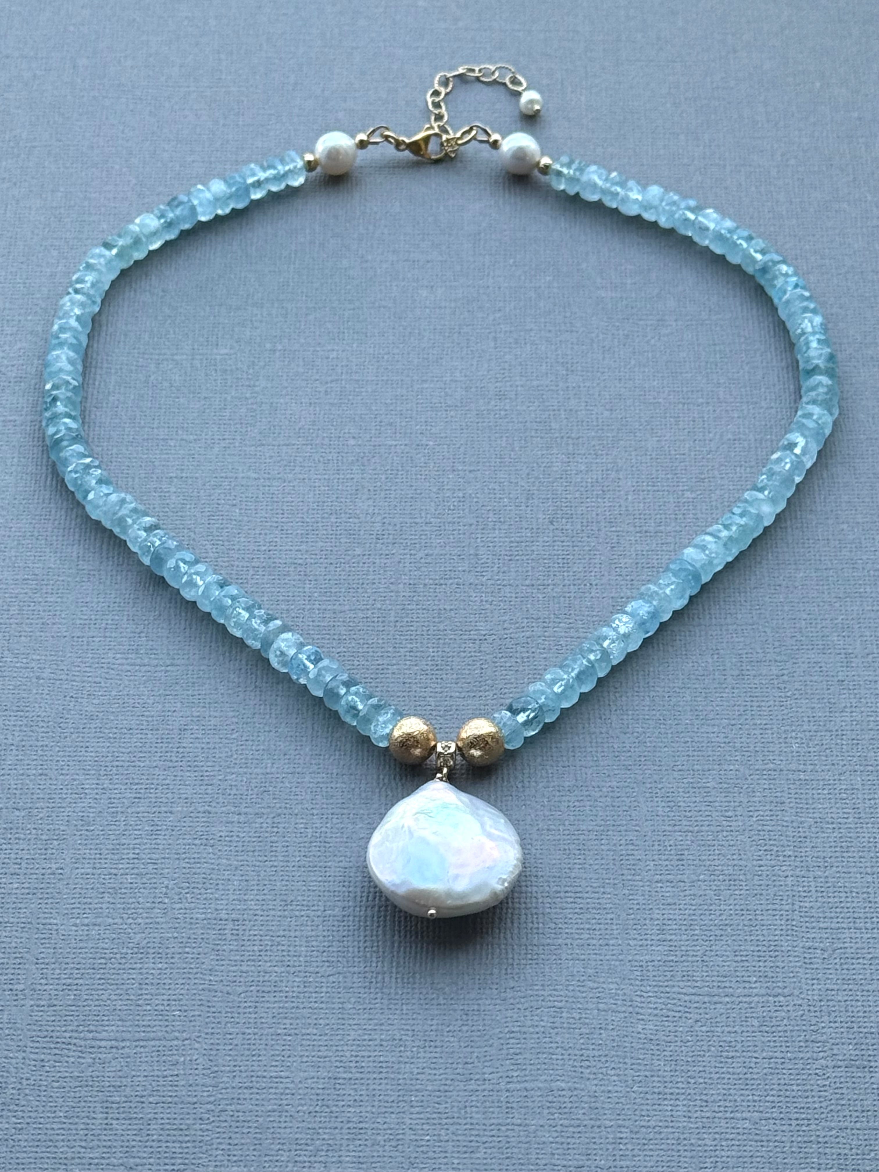 Aquamarine and Disk Pearl Drop Necklace