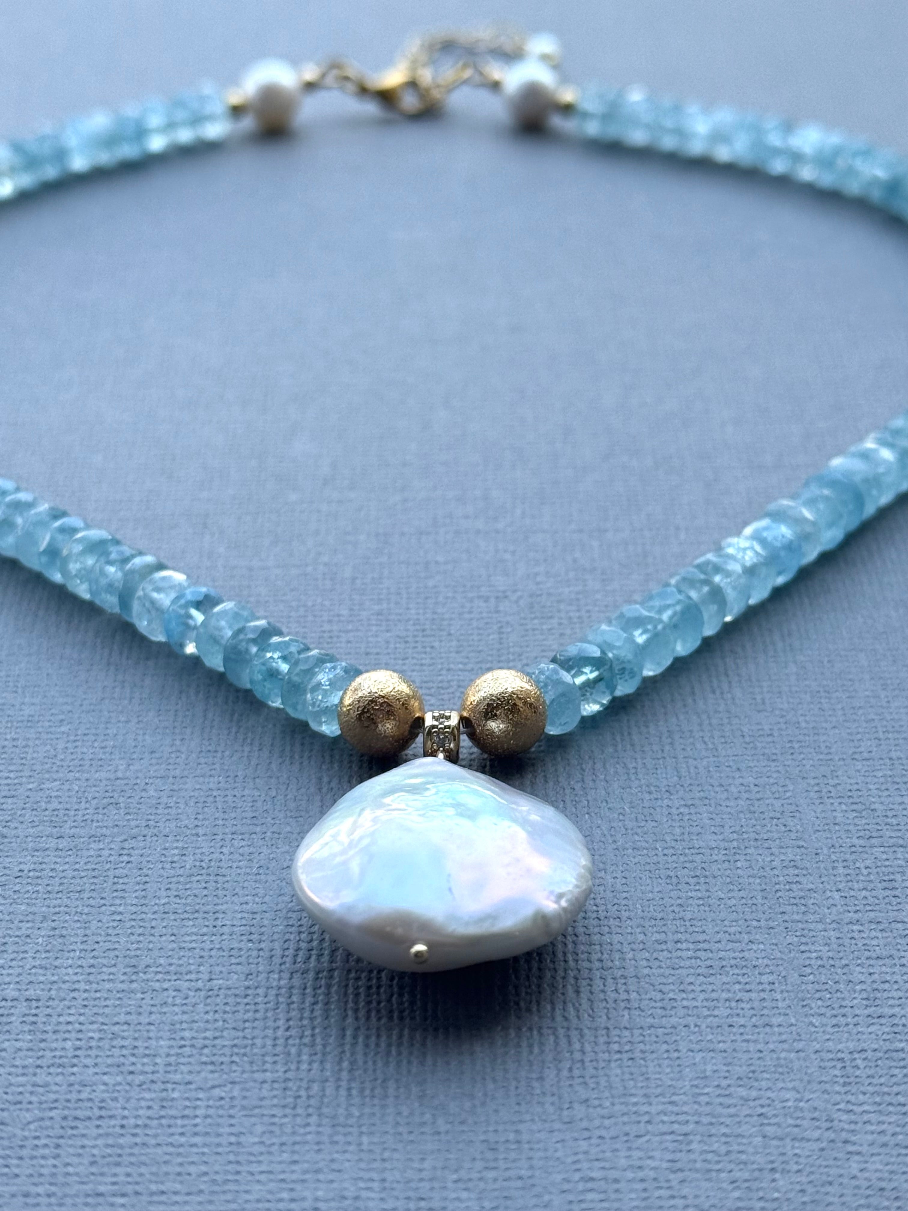 Aquamarine and Disk Pearl Drop Necklace
