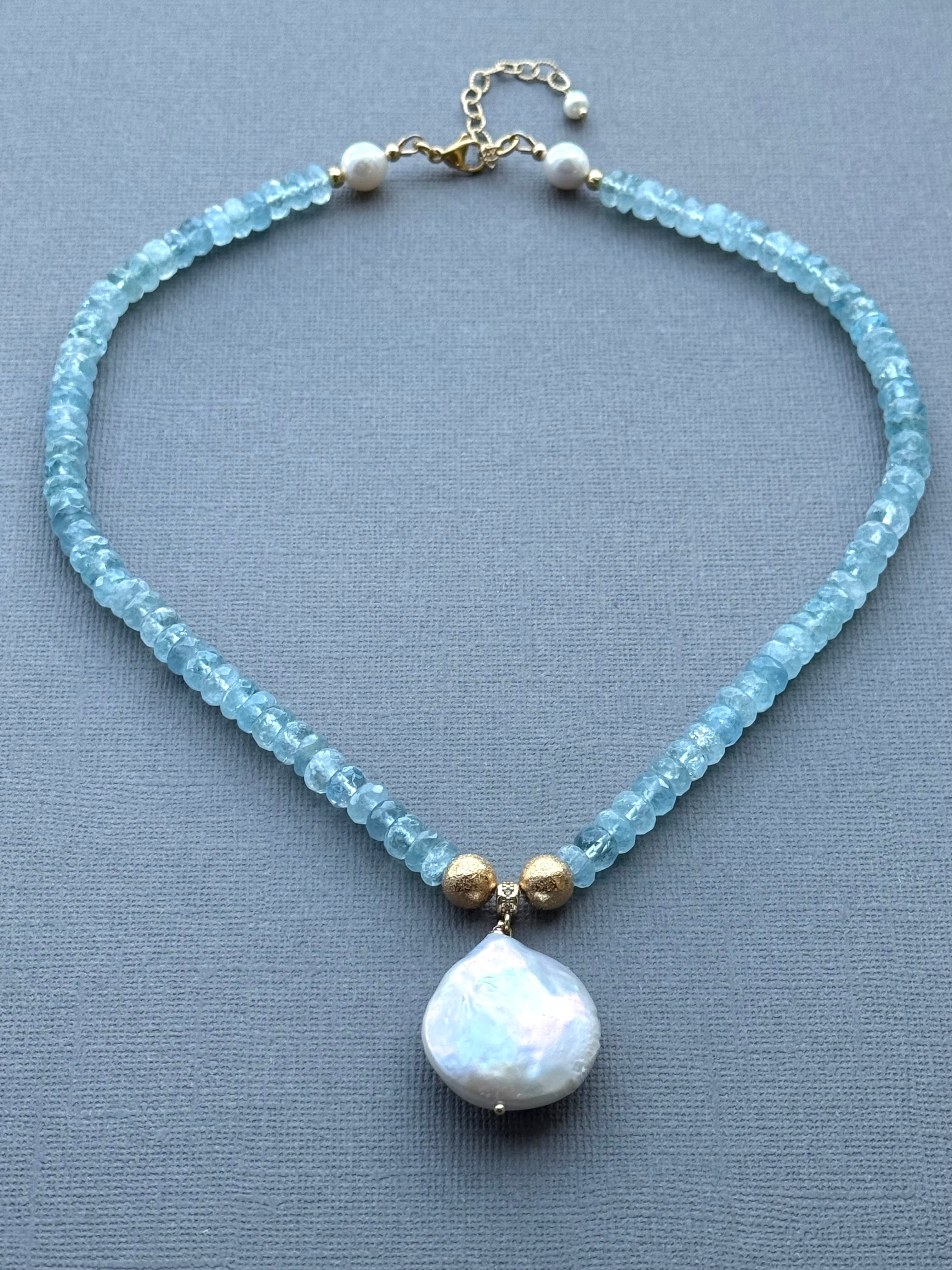 Aquamarine and Disk Pearl Drop Necklace