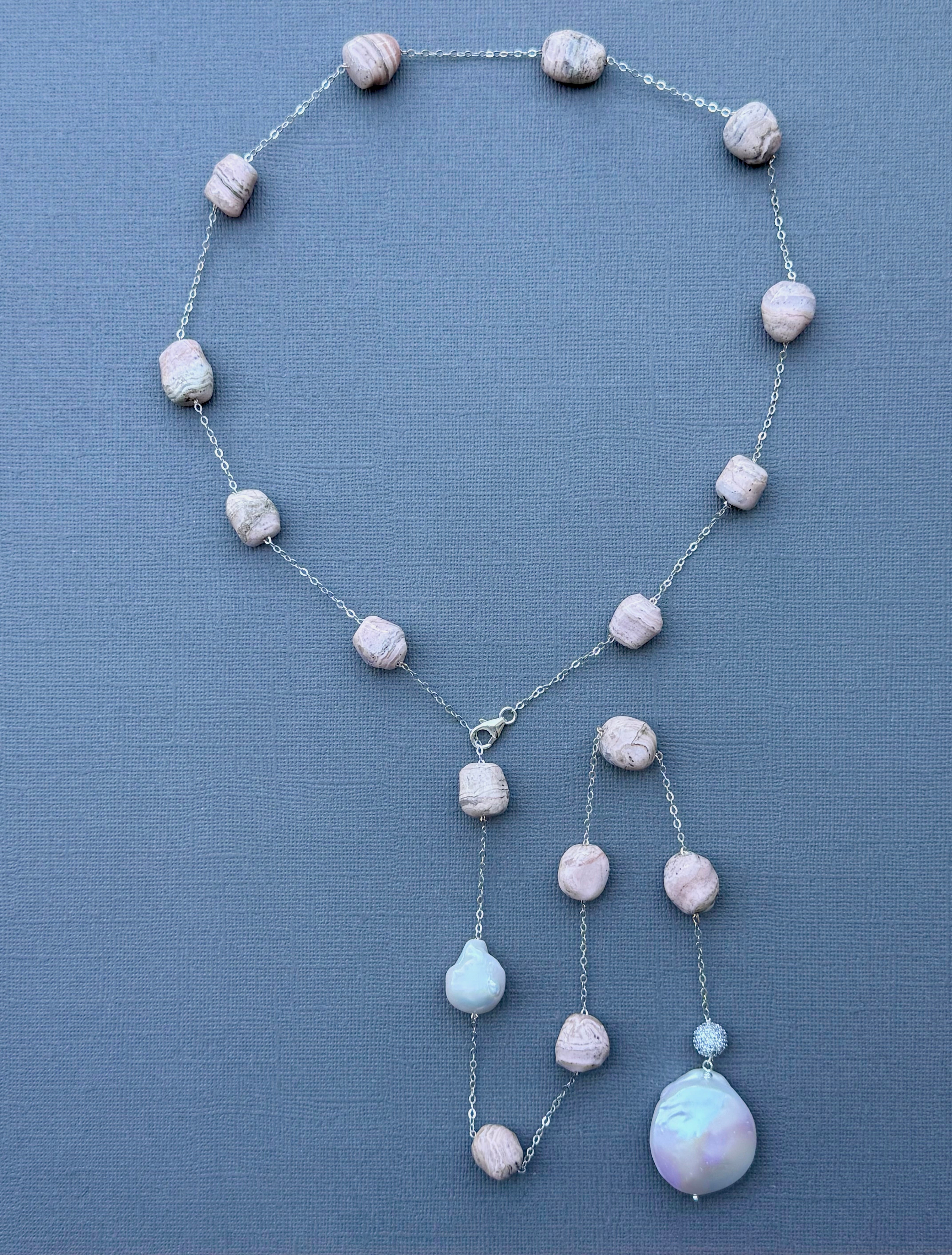 Rhodochrosite and Pearl Station Necklace