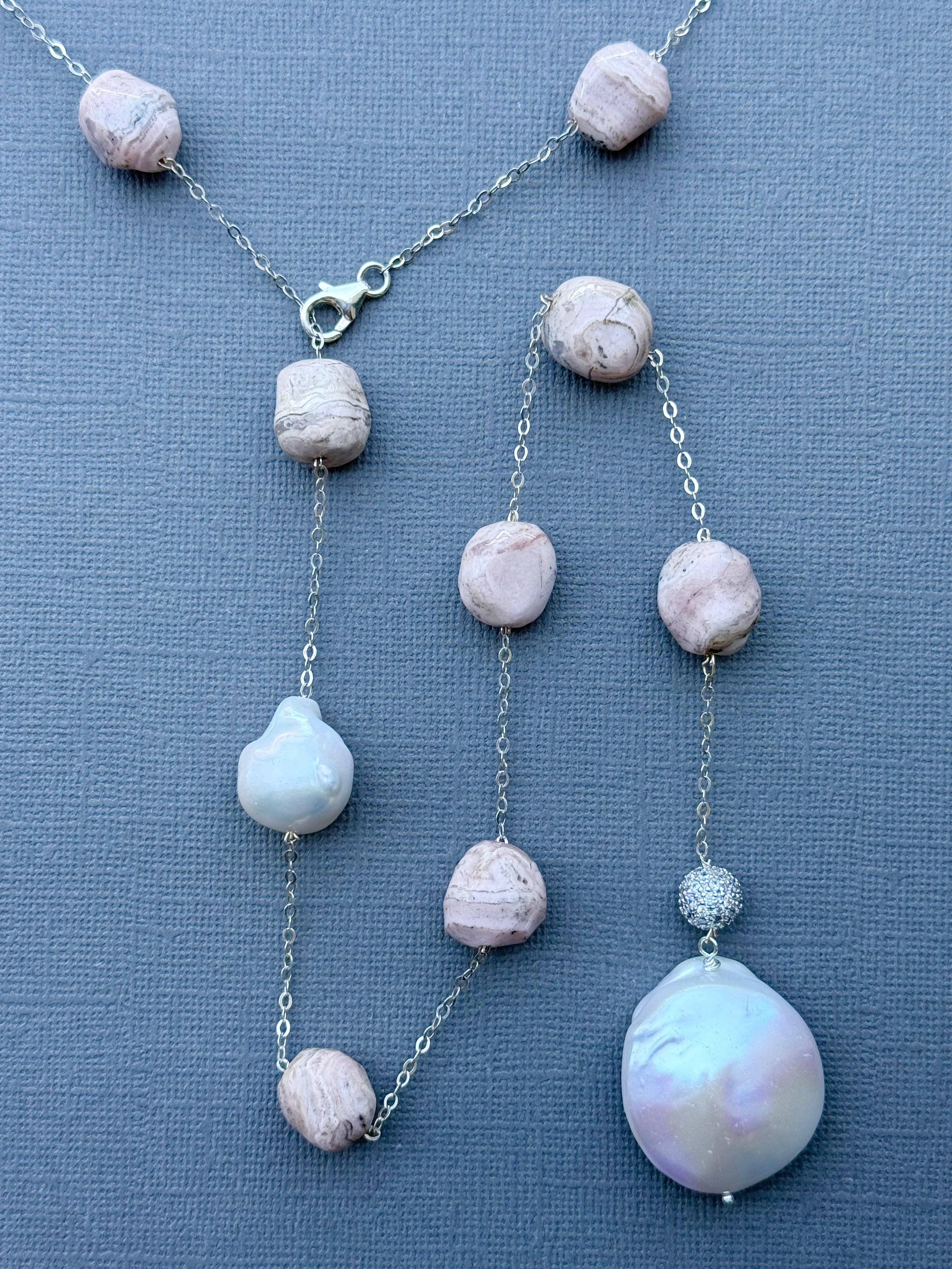 Rhodochrosite and Pearl Station Necklace
