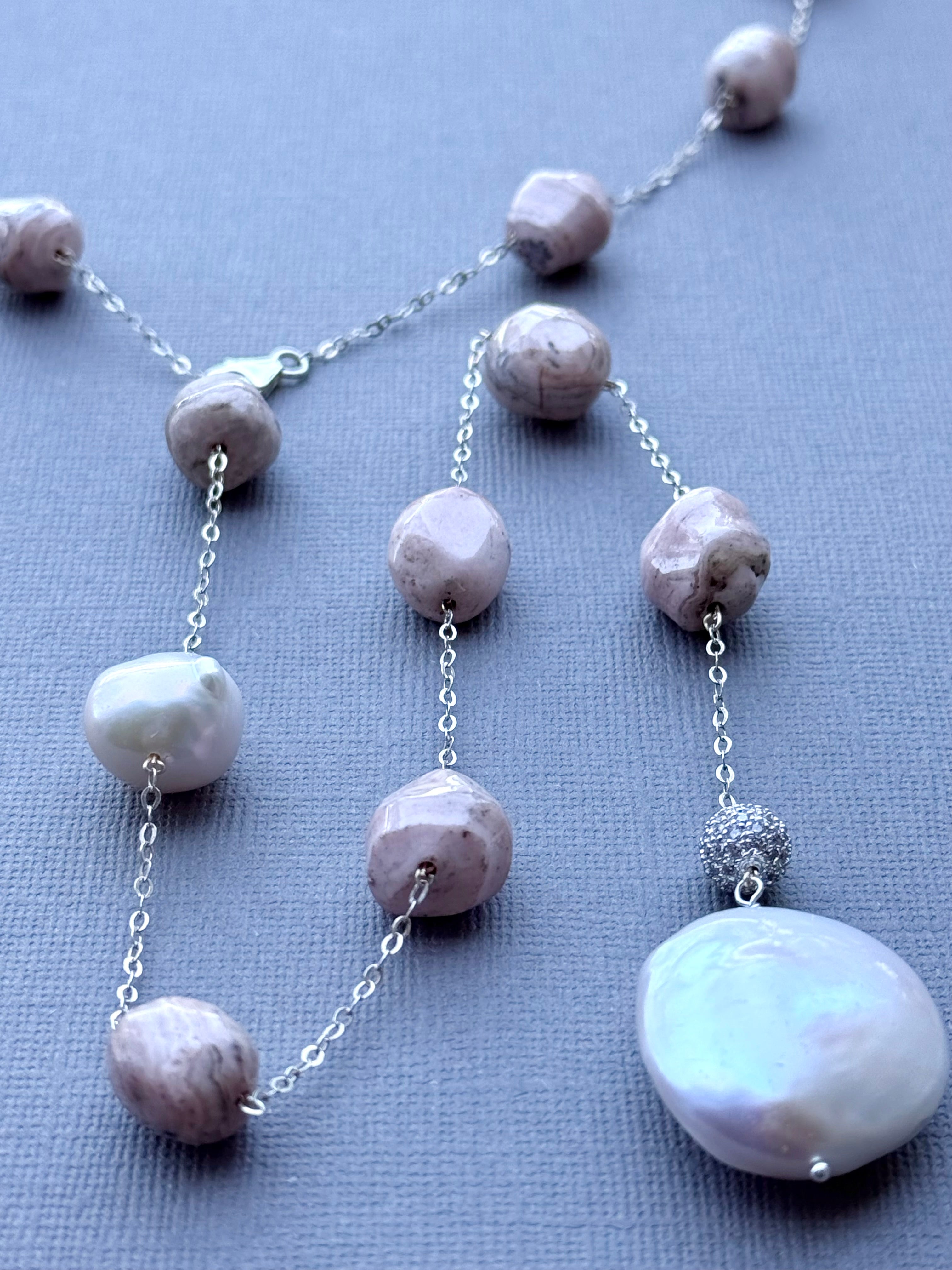 Rhodochrosite and Pearl Station Necklace