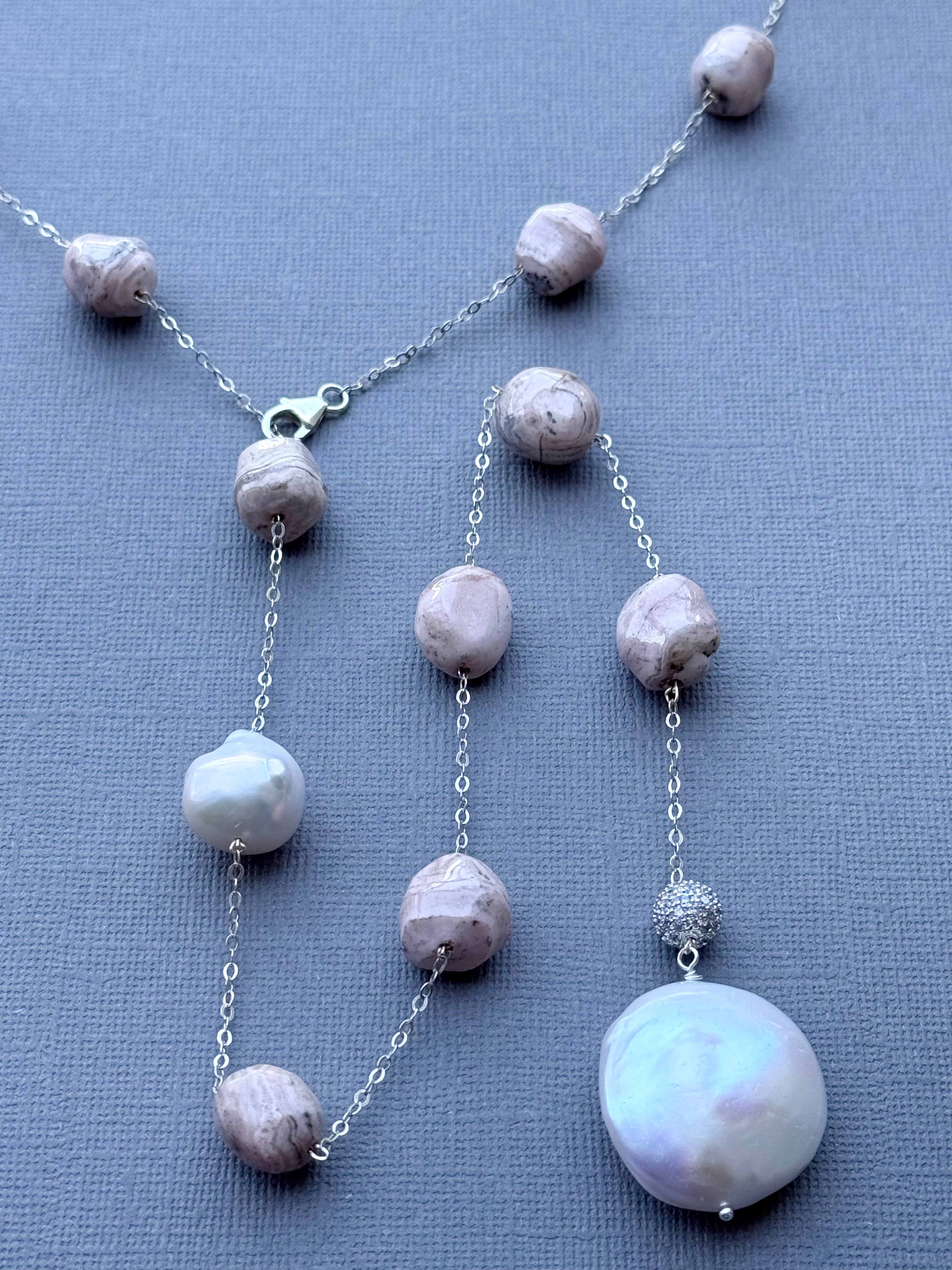 Rhodochrosite and Pearl Station Necklace