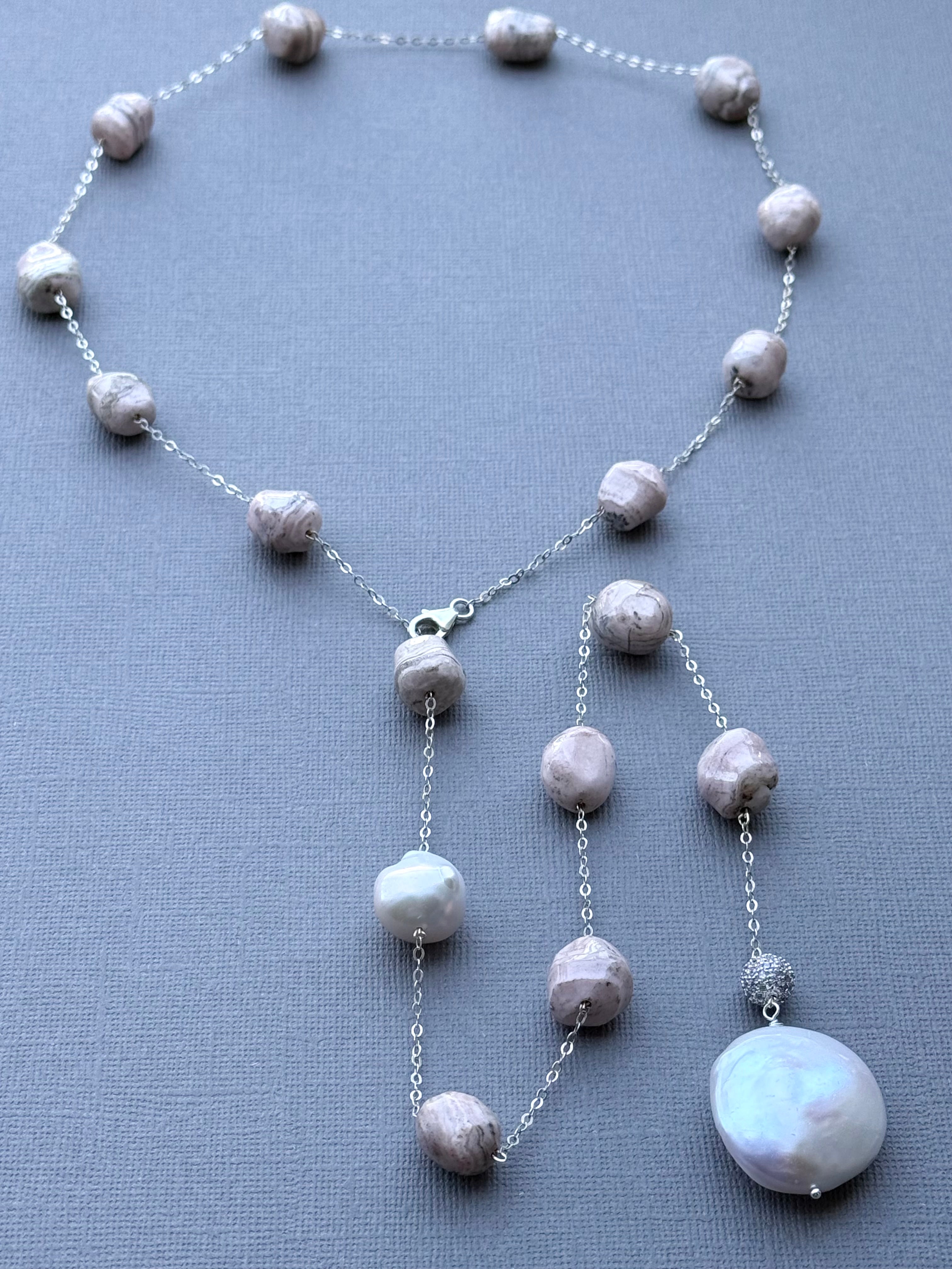 Rhodochrosite and Pearl Station Necklace