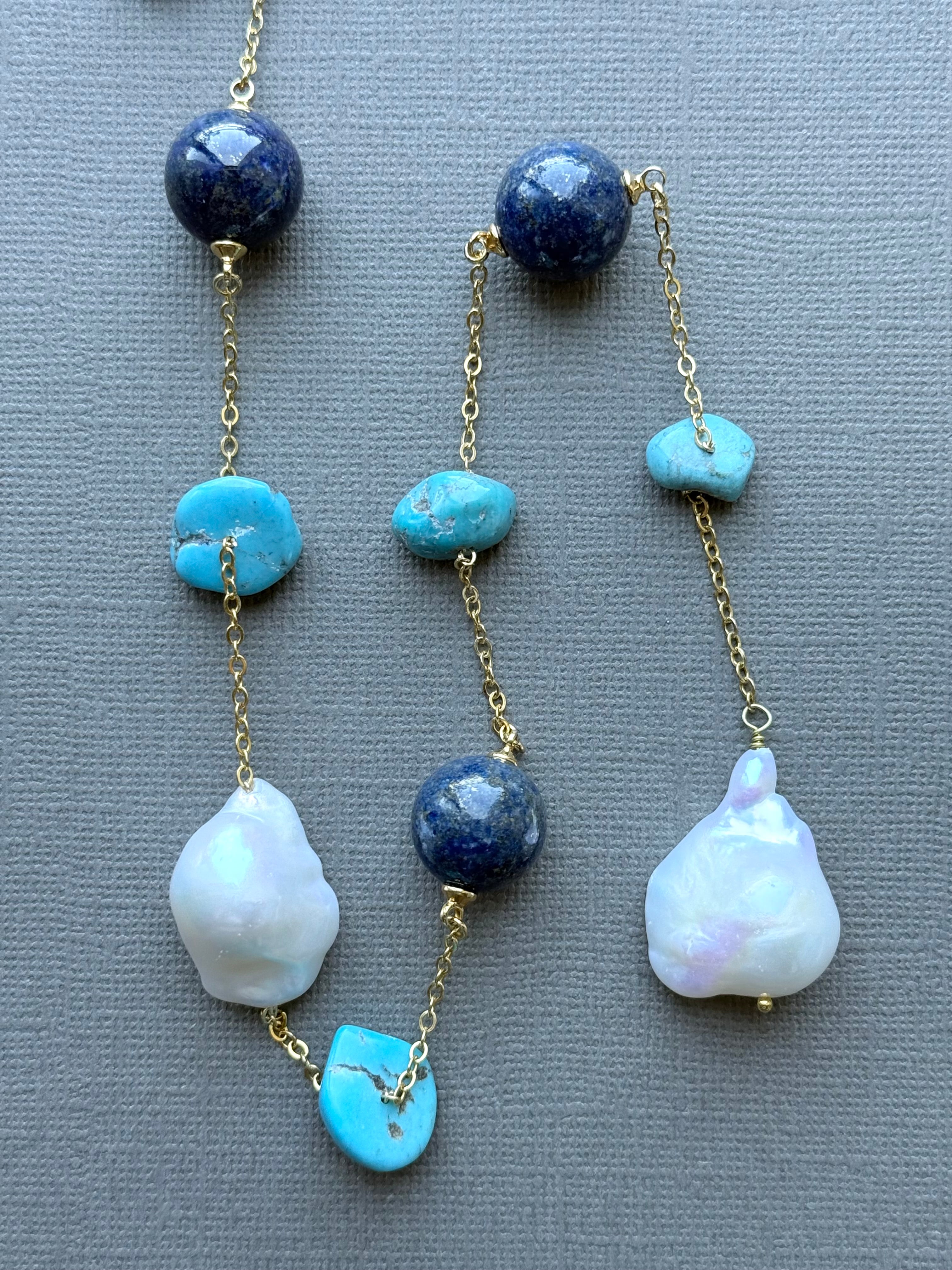 Lapis, Turquoise, and Baroque Pearls Station Necklace