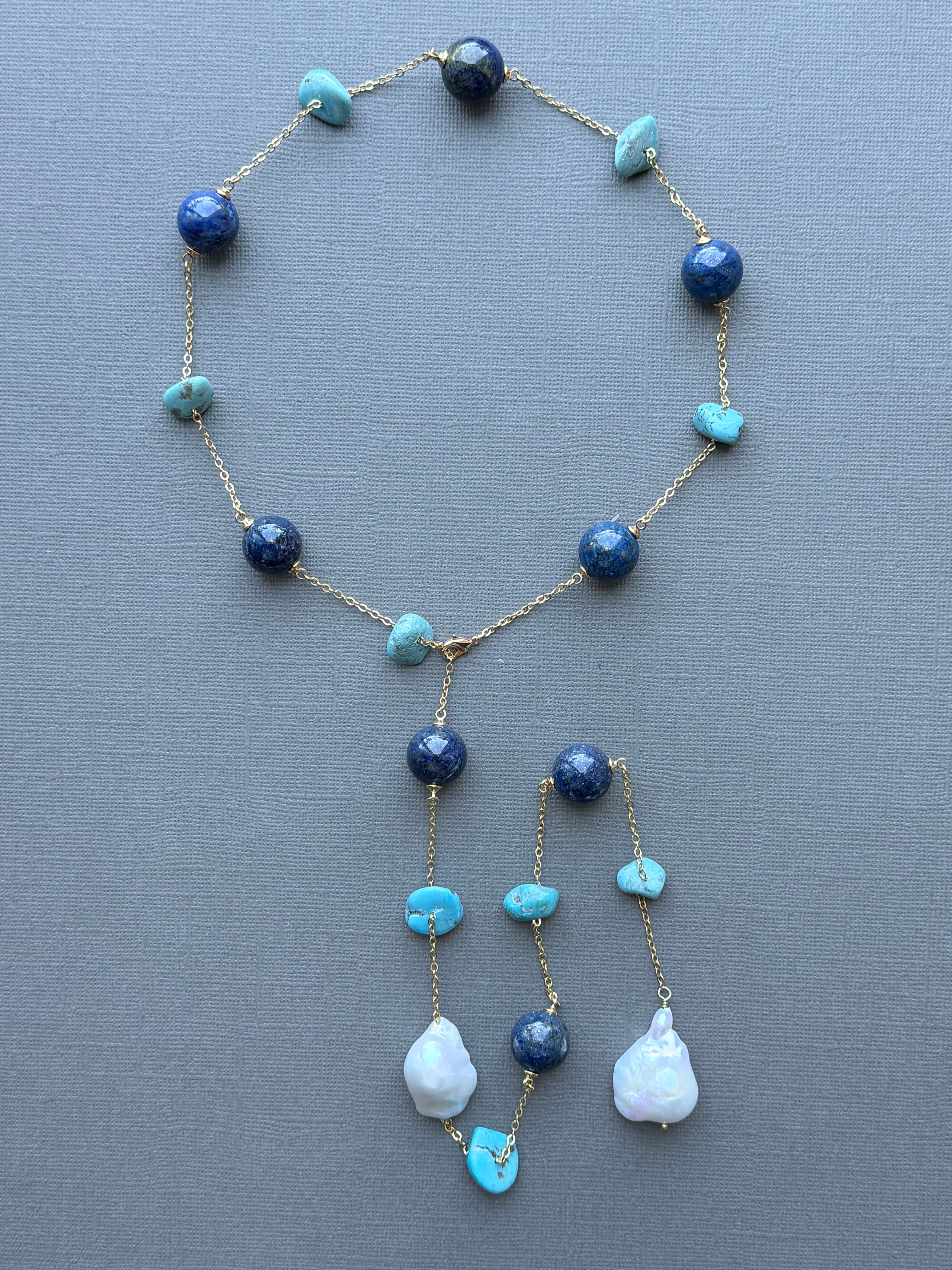Lapis, Turquoise, and Baroque Pearls Station Necklace