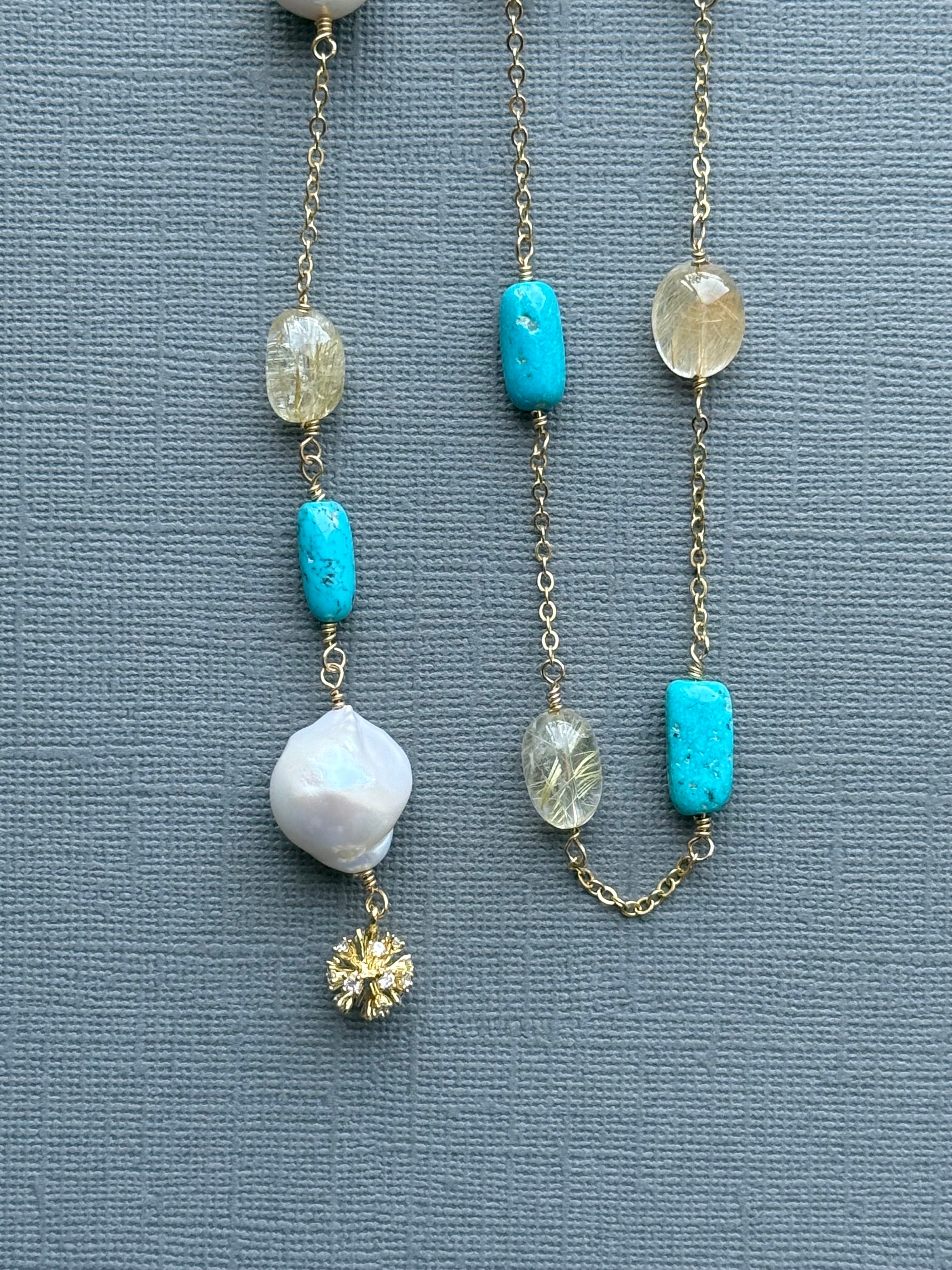 Armenian Turquoise, Rutilated quartz, and Baroque Pearl Adjustable Necklace