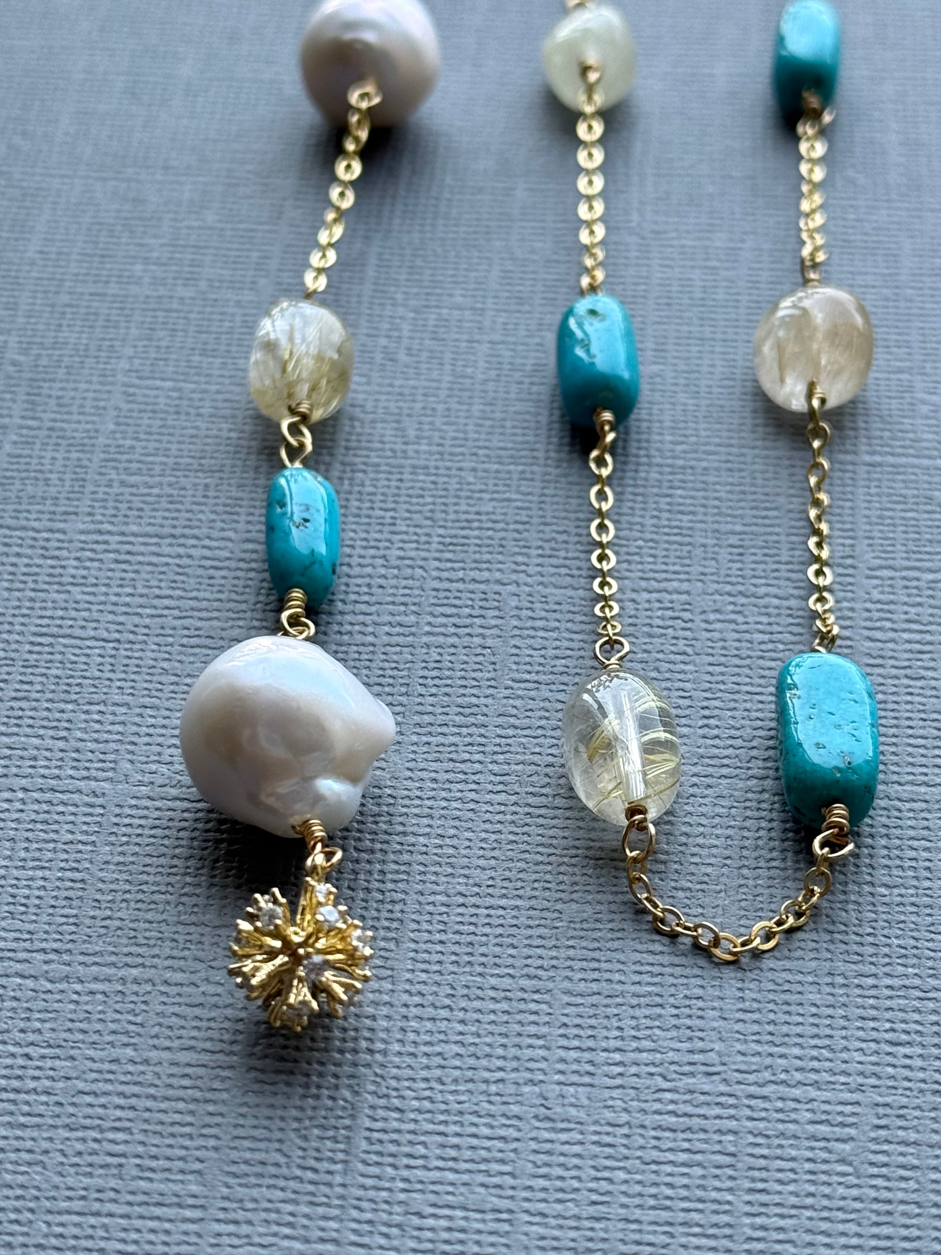 Armenian Turquoise, Rutilated quartz, and Baroque Pearl Adjustable Necklace
