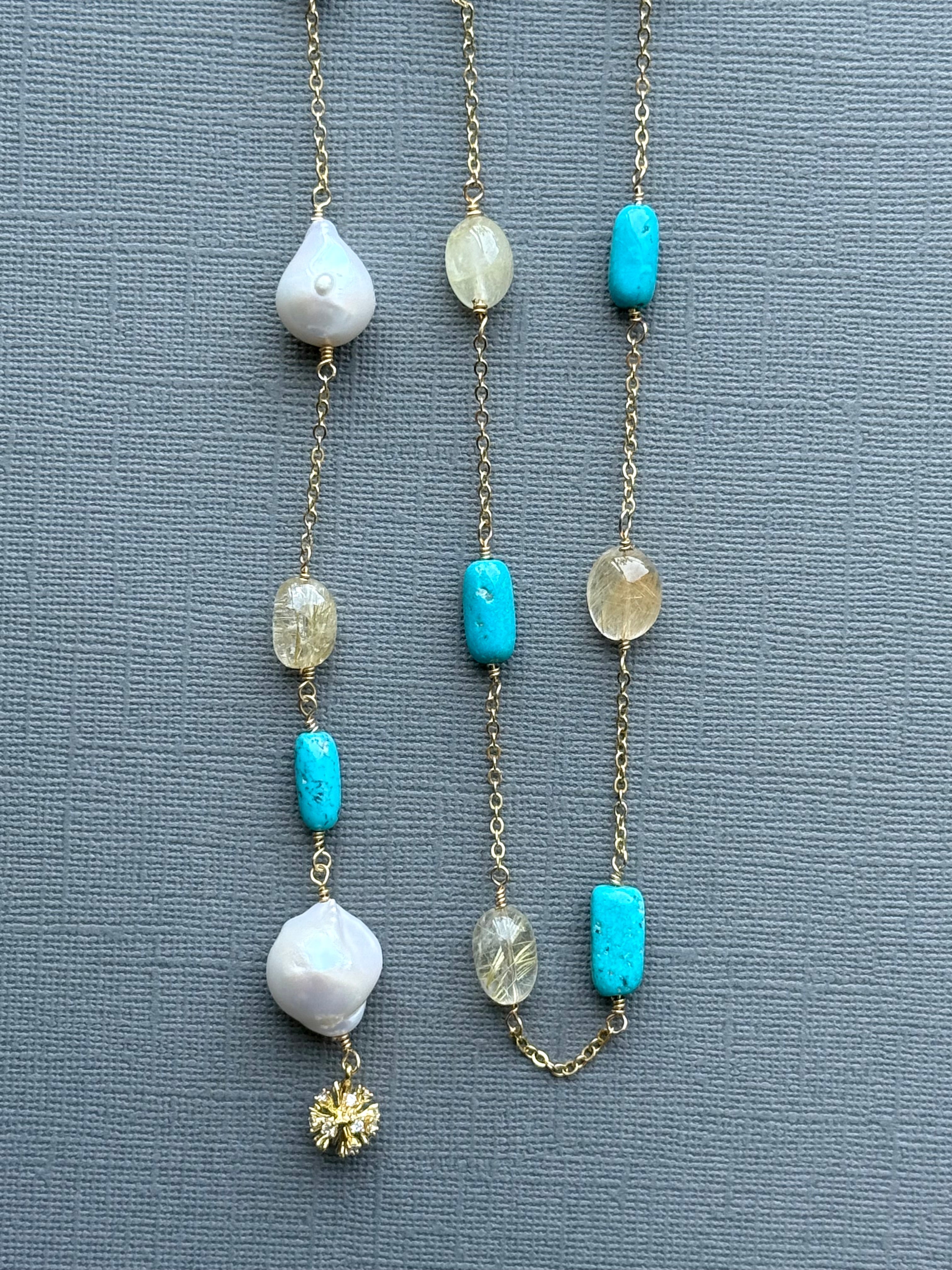 Armenian Turquoise, Rutilated quartz, and Baroque Pearl Adjustable Necklace