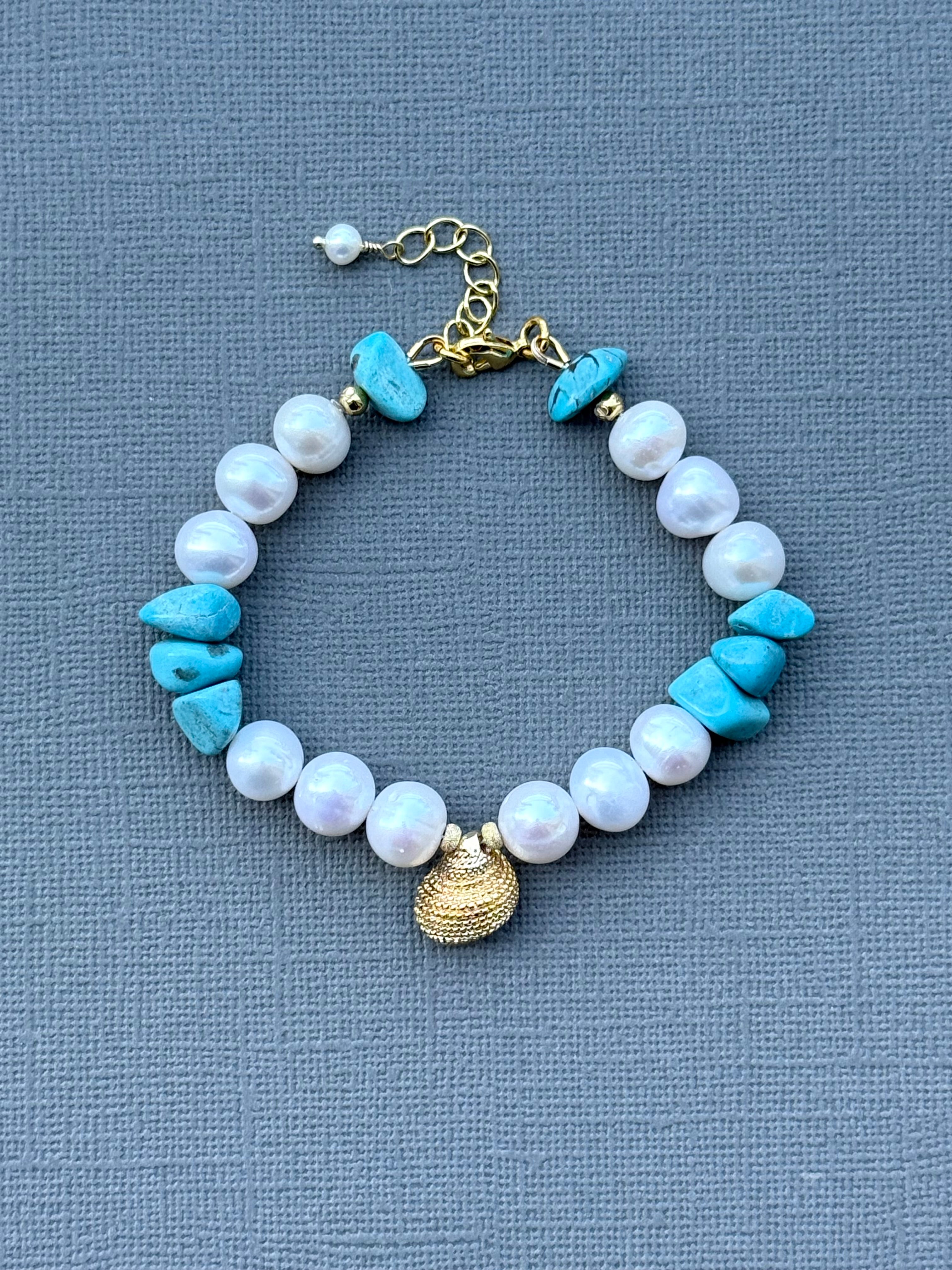 Turquoise, Pearl, and Shell Charm Bracelet