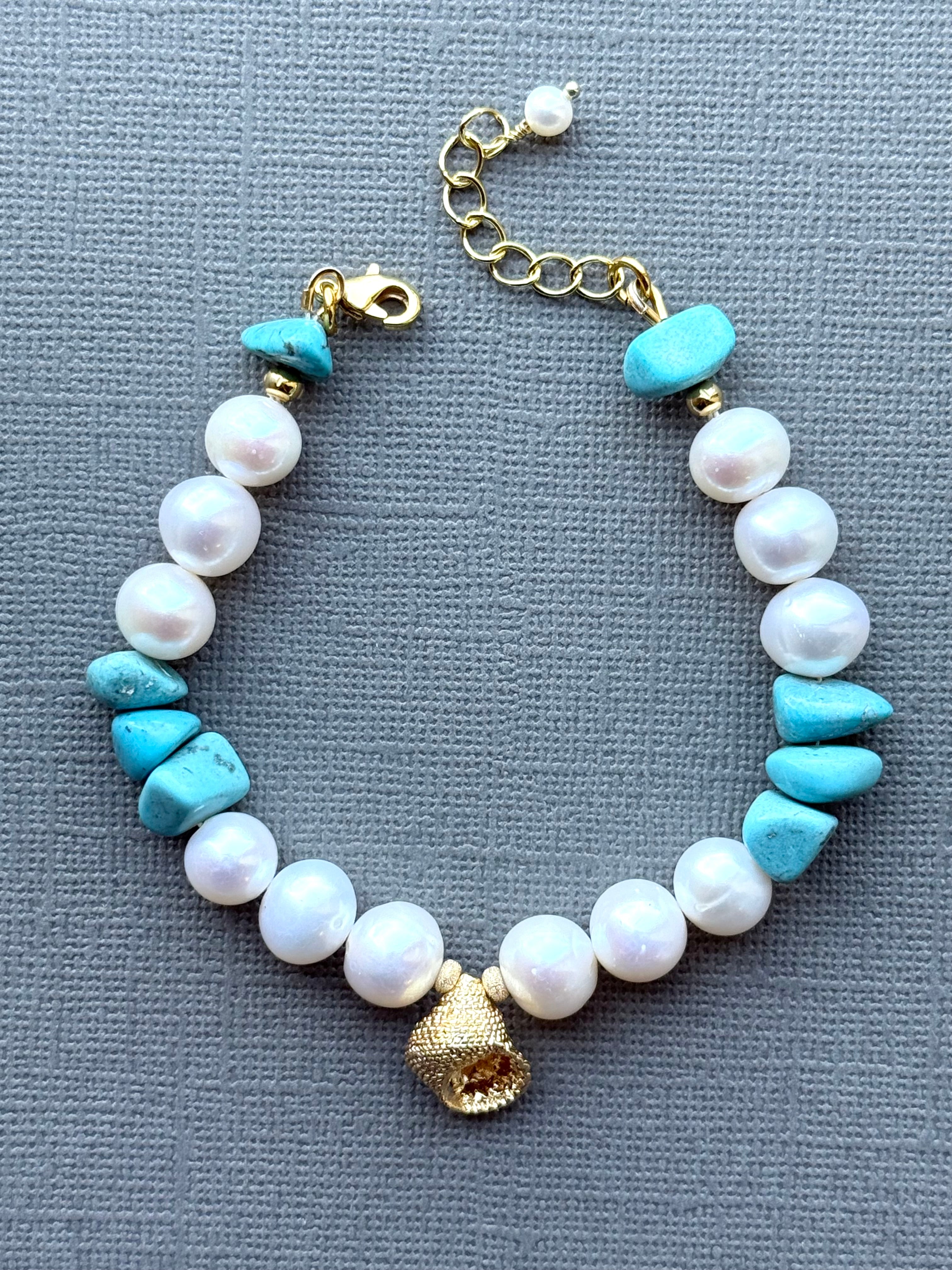Turquoise, Pearl, and Shell Charm Bracelet