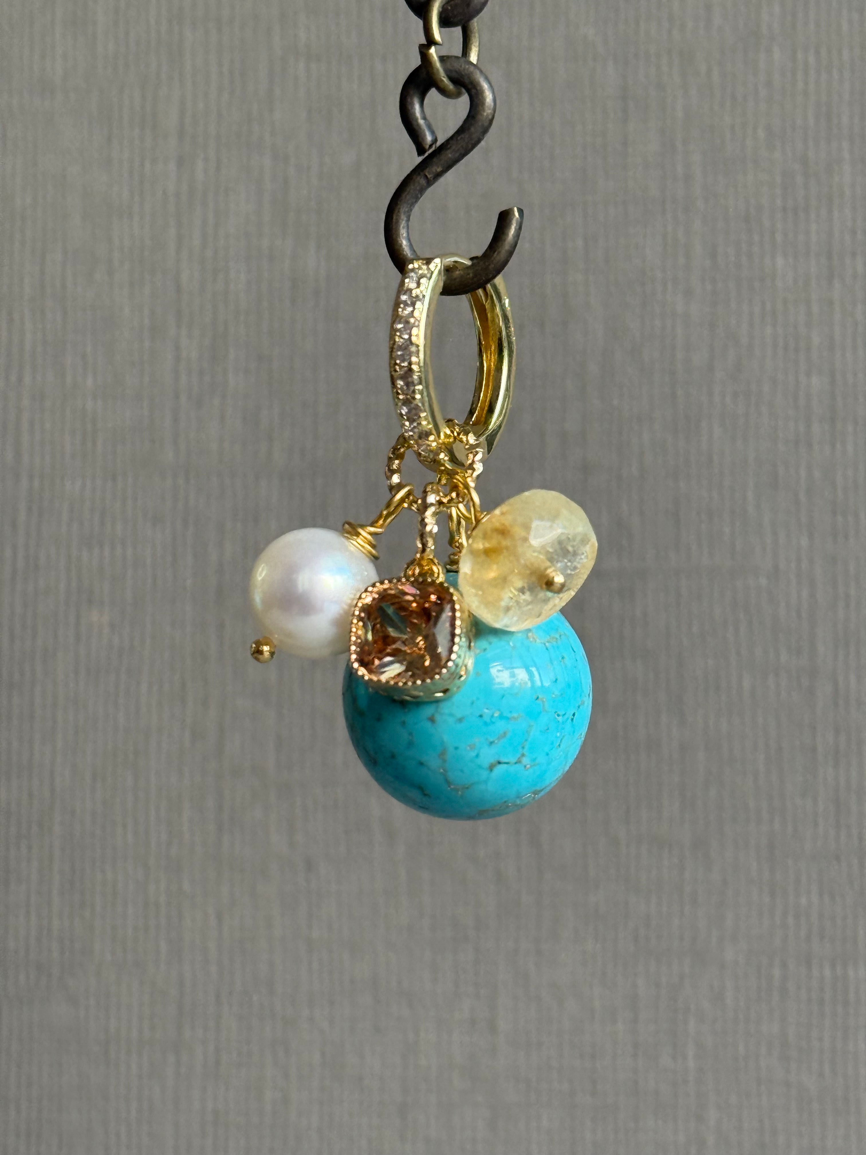 Turquoise, Citrine & Pearl Cluster Earrings