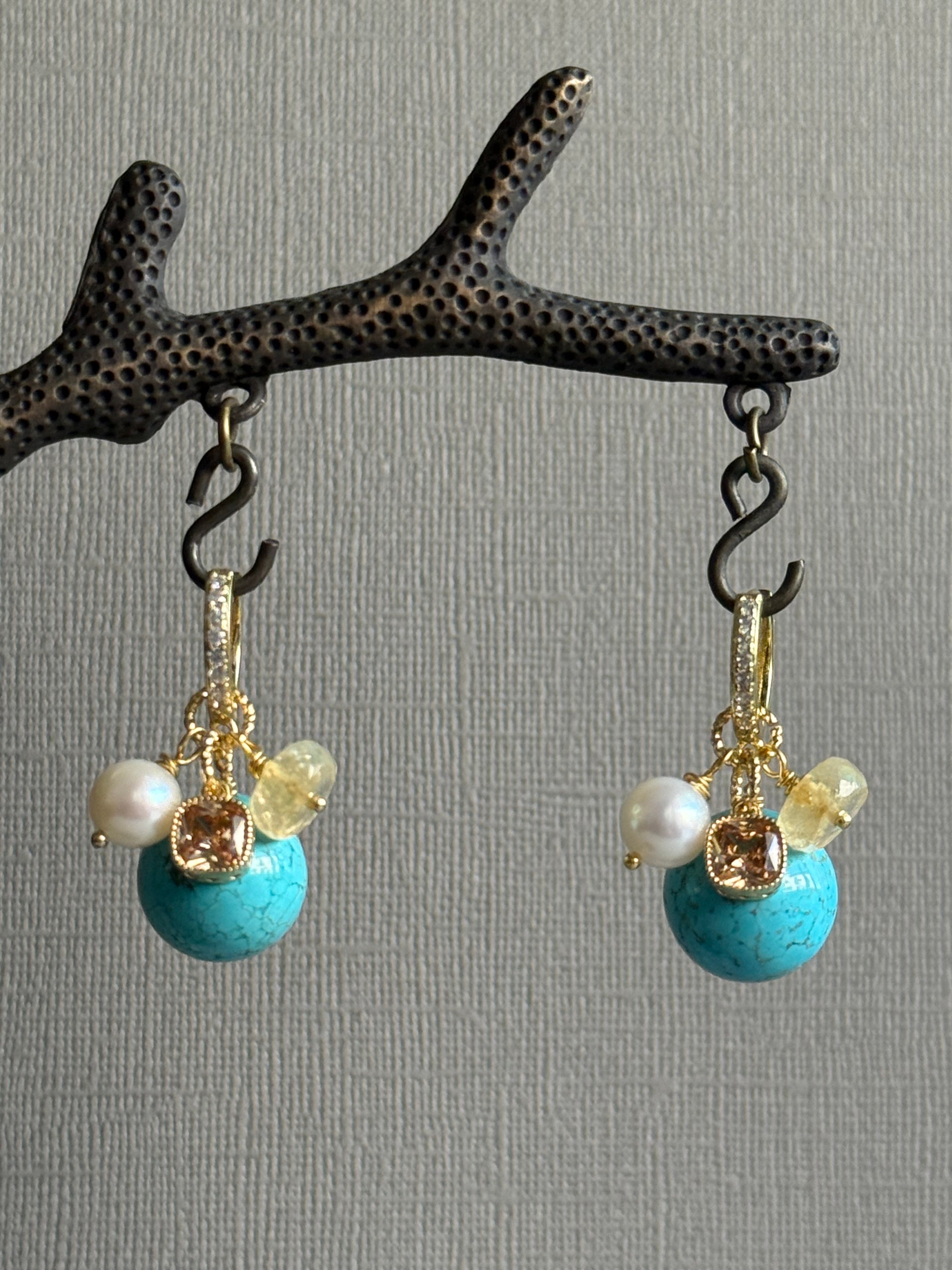 Turquoise, Citrine & Pearl Cluster Earrings