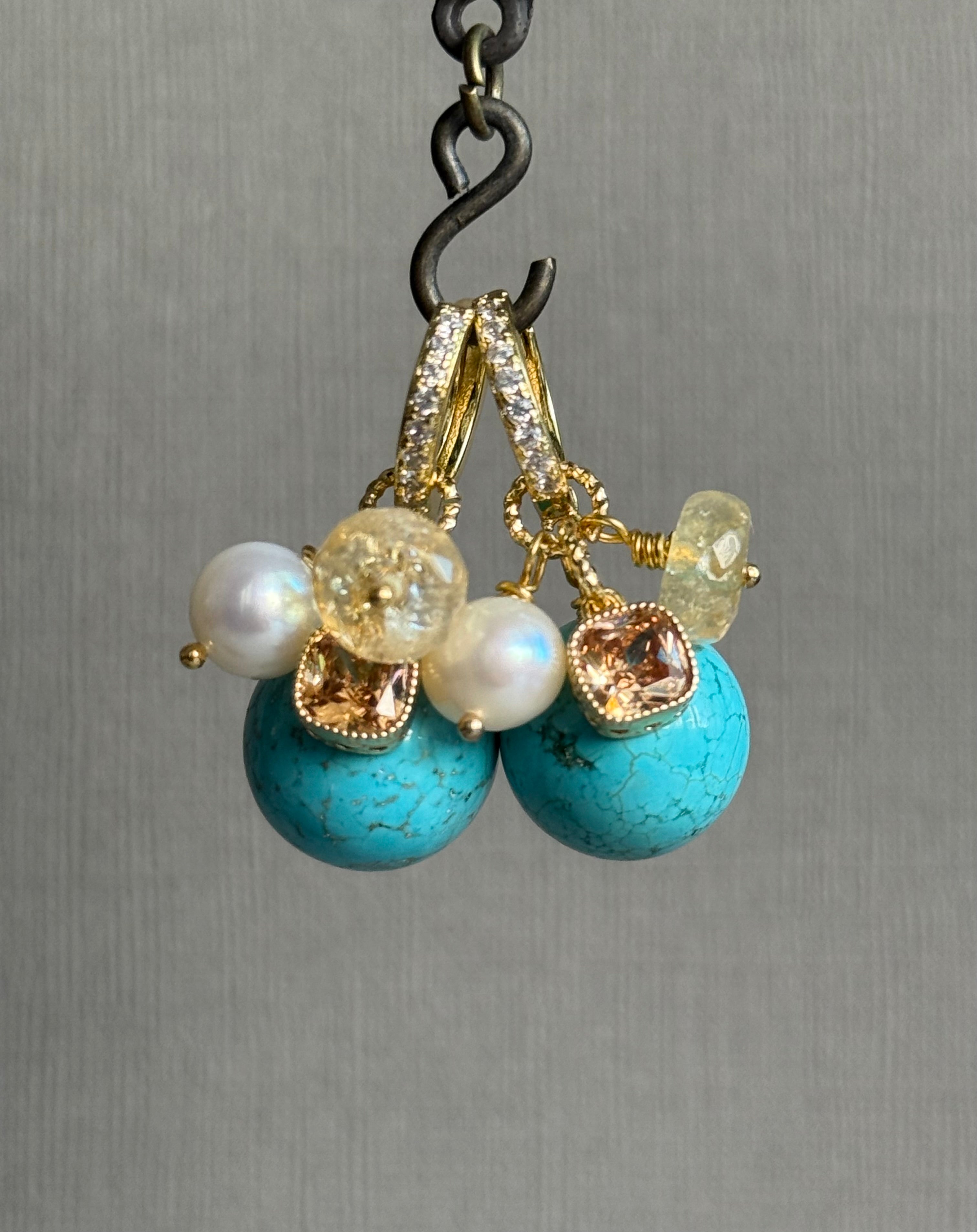 Turquoise, Citrine & Pearl Cluster Earrings
