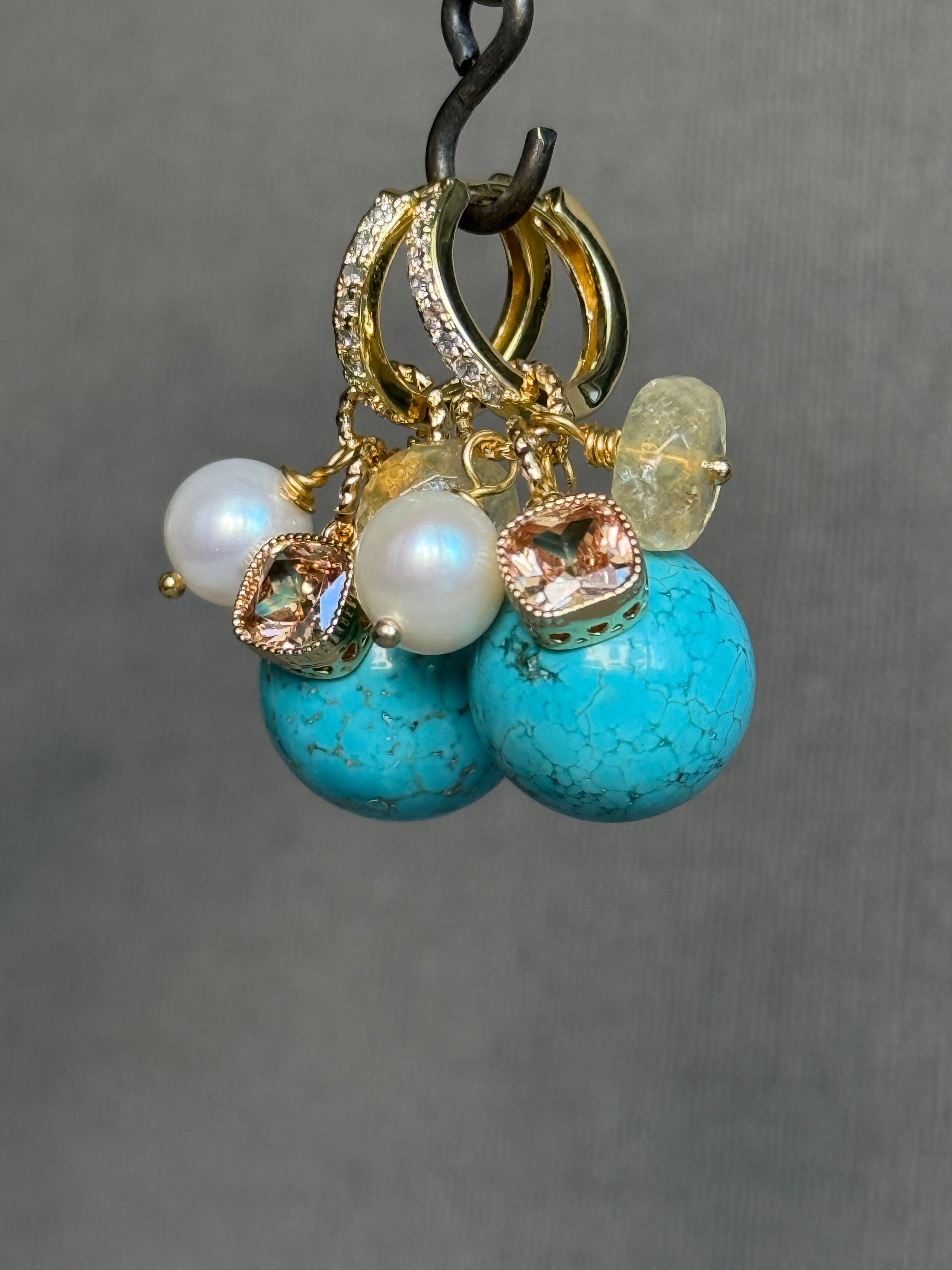 Turquoise, Citrine & Pearl Cluster Earrings